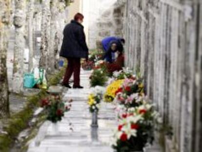 Varias personas limpian y adornan con flores hoy las tumbas de sus familiares en el cementerio de San Froil&aacute;n (Lugo).