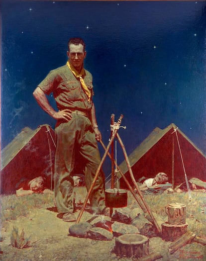 'The Scoutsmaster', desfasada e irresistible estampa de Norman Rockwell de 1956 con Howard Lincoln a la derecha.