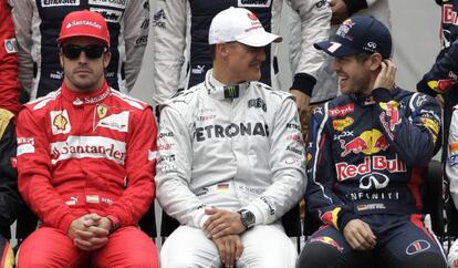 Alonso, Schumacher y Vettel en la presentación oficial del GP de Brasil.