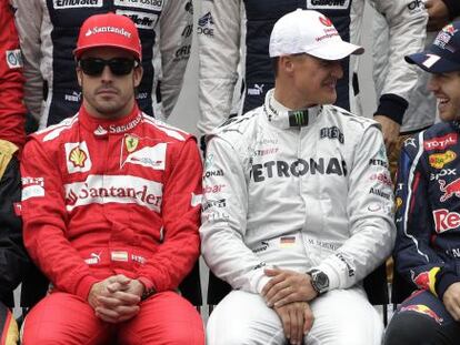 Alonso, Schumacher y Vettel en la presentación oficial del GP de Brasil.