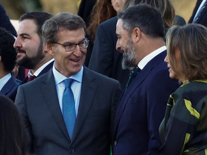 El líder del PP, Alberto Núñez Feijóo, en el desfile de la Fiesta Nacional, con el presidente de Vox, Santiago Abascal.