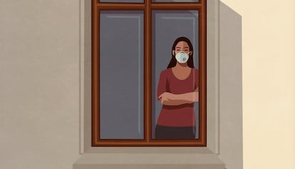 Portrait woman in protective mask standing at apartment window