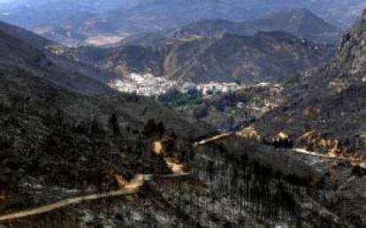Vista general del pueblo de Dos Aguas rodeado de monte quemado, arrasado por el grave incendio de Cortes de Pallás. EFE/Archivo