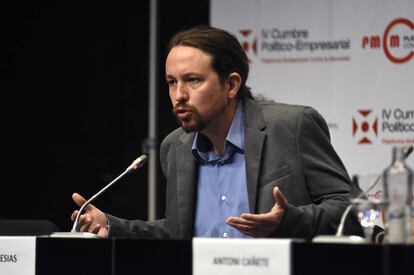 El secretario general de Podemos, Pablo Iglesias, durante su intervenci&oacute;n en la IV Cumbre Pol&iacute;tico-Empresarial de la Plataforma Multisectorial contra la Morosidad (PMcM).
 
 