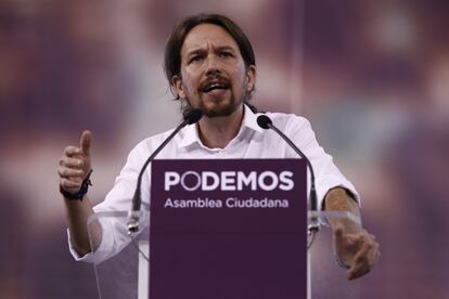 Pablo Iglesias en la asamblea de Podemos. En plaza de toros de Vistaalegre. Foto: Luis Sevillano.