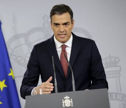 El presidente de Gobierno, Pedro Sánchez, durante su intervención en el palacio de la Moncloa.