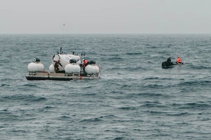 In this image released by Action Aviation, the submersible Titan is prepared for a dive into a remote area of the Atlantic Ocean on an expedition to the Titanic on June 18, 2023.