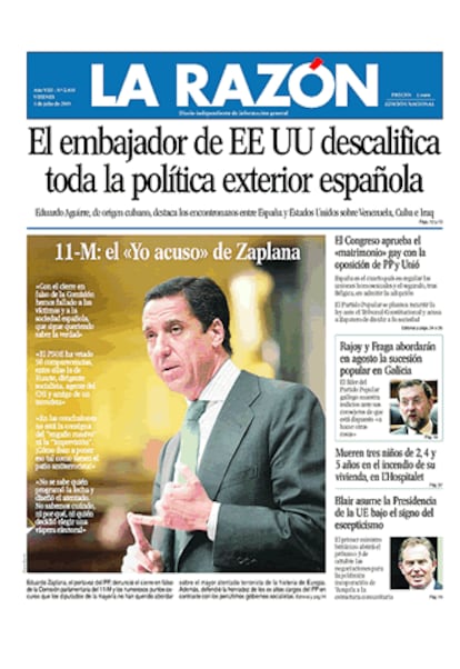 <i>La Razón</i> opina que la ley del matrimonio entre homosexuales "debe ser recurrida ante el Tribunal Constitucional", y que España es el primer país del mundo "en otorgar a los homosexuales la posibilidad de adoptar". Señala, además,  que "tal regulación no puede ser patrimonio de ningún partido político" y critica el fallo y empeño del Gobierno Zapatero "en una campaña de imagen para la que carece de toda clase de recursos económicos".