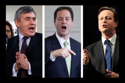 Los tres candidatos británicos: Gordon Brown, Nick Clegg y David Cameron.