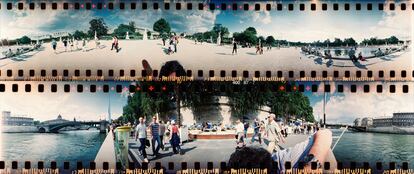 Dos imgenes del verano en Pars. Arriba, el jardn de las Tulleras; abajo, la llamada playa de Pars, en el margen del ro Sena. En el medio de la imagen, el fotgrafo, agachado. Esta Lomo permite al fotgrafo salir, si lo desea, en la secuencia de 360 grados.