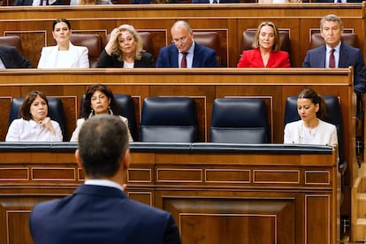 El presidente del Gobierno, Pedro Sánchez se dirige al jefe de la oposición durante la sesión de control al Ejecutivo, este mayo. Imagen de archivo.