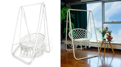 Este modelo de silla colgante sirve tanto para interior como para exterior y dispone de un soporte en forma de A.