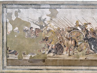 The mosaic represents Alexander the Great’s battle with Darius III. It was found in Pompeii’s House of the Faun and is conserved in Naples’ Archaeological Museum.