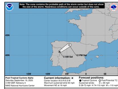 Mapa del Centro Nacional de Huracanes de EE UU en el que se muestra la trayectoria de 'Alpha'.