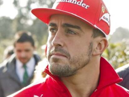 Fernando Alonso at a promotional event at the Madrid headquarters of  Banco Santander.