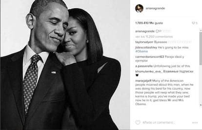 La cantante Ariana Grande compartió una foto de los Obama para despedirse de ellos.