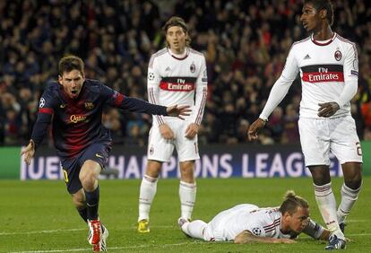 Messi festeja su primer gol al Milan en el partido de vuelta de los octavos de la Champions.