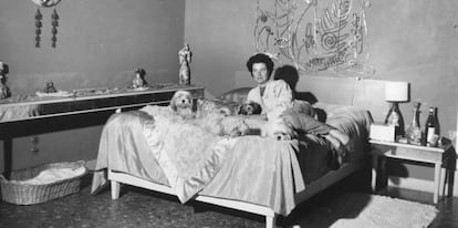 La coleccionista de arte Peggy Guggenheim, en su cama, con algunos de los peque&ntilde;os perros con los que viv&iacute;a.