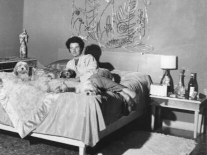 La coleccionista de arte Peggy Guggenheim, en su cama, con algunos de los peque&ntilde;os perros con los que viv&iacute;a.