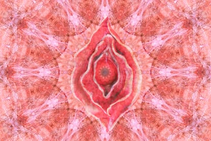 Vagina image in the shape of a flower. Yoni illustration of female energy concept. Colorful abstract mandala background.