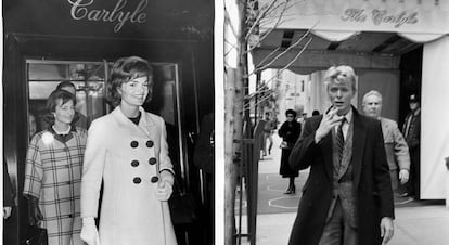 Izquierda, Jackie Kennedy sale del Carlyle tras pasar la noche en él en febrero de 1962; a la derecha, David Bowie, fumando en la puerta del hotel, donde daba una conferencia de prensa, en enero de 1983.
