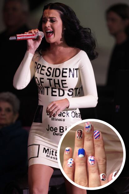 Katy Perry no dudó en apoyar a Obama en las elecciones presidenciales de 2012. Lo suyo es un total look en potencia: desde vestido emulando una papeleta de voto, a uñas muy patrióticas con el rostro del presidente y la bandera del partido demócrata americano.