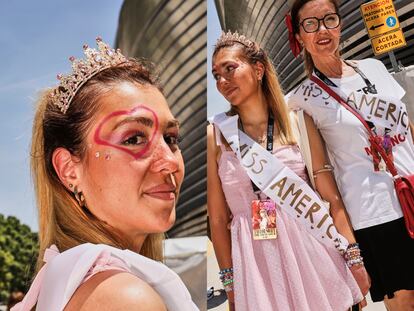 Lola Ross, de 22 y su tía Mayka Ross, de 55, vestidas de la canción de 'Miss Americana' con banda y corona incluidas.