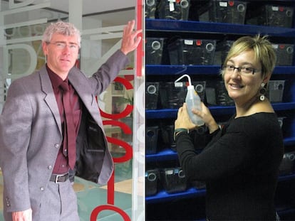 Rüdiger Klein, en el Instituto de Neurociencias de Alicante (izquierda), y Ángela Nieto ante las peceras de peces cebra de su laboratorio.