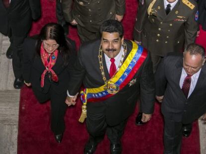 Maduro and his wife arrive at the National Assembly in Caracas.