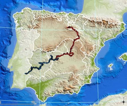 Mapa del recorrido realizado por Kahn (azul) y Kentaro (rojo).
