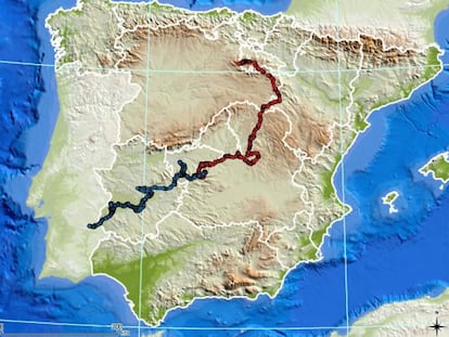 Mapa del recorrido realizado por Kahn (azul) y Kentaro (rojo).