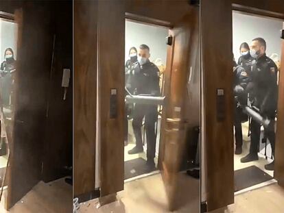 Secuencia de la entrada, el pasado marzo, de seis policías en un piso de Madrid durante el estado de alarma que ahora investiga un juez.