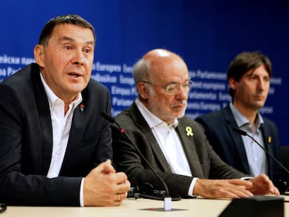 Arnaldo Otegi, acompañado del europarlamentario de ERC Josep Maria Terricabras en una comparecencia ante los medios en noviembre en Bruselas.
