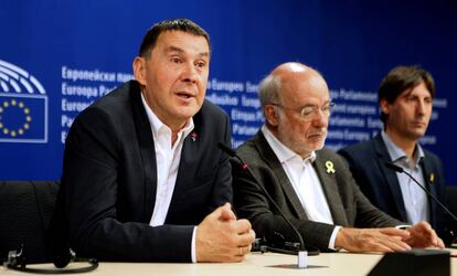 Arnaldo Otegi, acompañado del europarlamentario de ERC Josep Maria Terricabras en una comparecencia ante los medios en noviembre en Bruselas.
