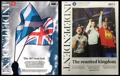 El diario 'The Independent' hace un juego de palabras con Reino Unido ('United Kingdom' en inglés) titulando "El reino reunido" en su titular de la portada especial de esta mañana. La Union Jack y Saltire, la bandera británica y escocesa, ondean en la portada del jueves, con el titular "307 años de dolor", refiriéndose a los años que Escocia forma parte del Reino Unido.