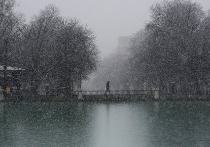 Un viandante por el parque del Retiro, el 5 de febrero de 2018. 