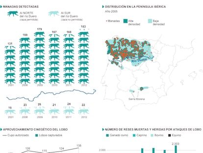 Fuente: Junta de Castilla y León, Álvares, F. et al. (2005) Wolf status and conservation in the Iberian Peninsula.