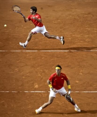 Marc López y Nadal, en el partido de dobles de ayer.
