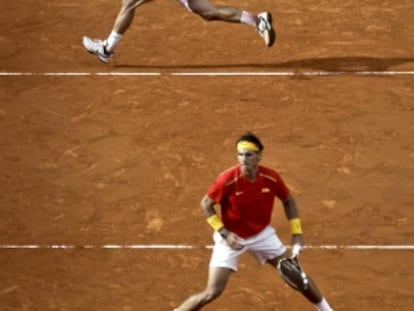 Marc López y Nadal, en el partido de dobles de ayer.