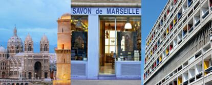 De izquierda a derecha,  la catedral de Marsella, una tienda del famoso jabón de Marsella y fachada de la Unité d'Habitation, el célebre edificio proyectado por Le Corbusier en 1952.