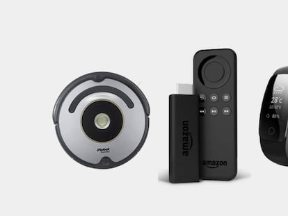 De izquierda a derecha, el robot aspirador iRobot Roomba 615, el dispositivo Fire TV Stick y la pulsera de actividad Willful.