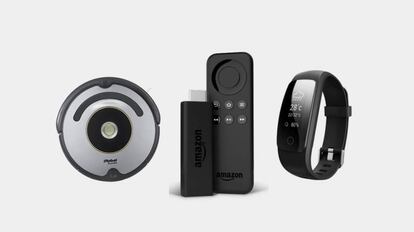 De izquierda a derecha, el robot aspirador iRobot Roomba 615, el dispositivo Fire TV Stick y la pulsera de actividad Willful.