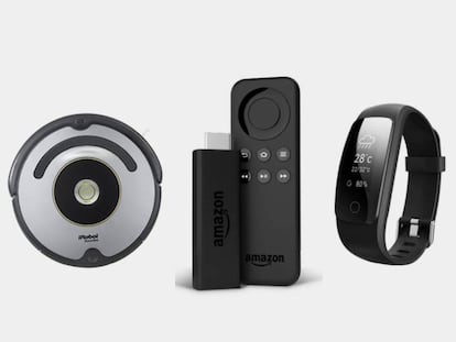 De izquierda a derecha, el robot aspirador iRobot Roomba 615, el dispositivo Fire TV Stick y la pulsera de actividad Willful.