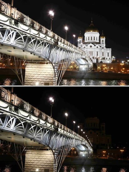 Combo con dos imágenes con la catedral del Cristo Salvador de Moscú (Rusia), antes y después de apagar las luces.



