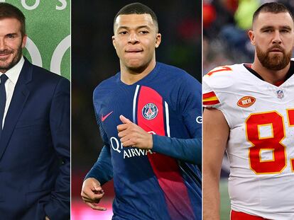 Desde la izquierda, David Beckham, Kylian Mbappé y Travis Kelce.