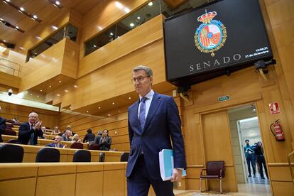 El líder del Partido Popular, Alberto Núñez Feijóo, a su llegada a la sesión de control al Gobierno, este miércoles en el Senado.