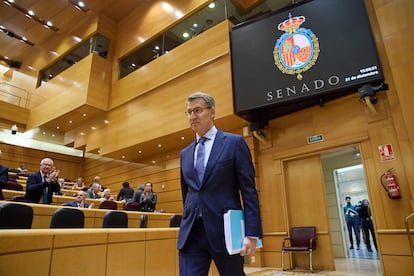 El líder del Partido Popular, Alberto Núñez Feijóo, a su llegada a la sesión de control al Gobierno, este miércoles en el Senado.