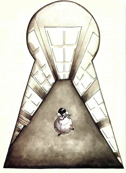 Alicia, atrapada ante el dilema de las puertas, según el dibujo de Marta Gómez-Pintado (Madrid, 1967) para una adaptación publicada por Nórdica en 2009. Un ejercicio de contención cromática a base de acuarelas de tonos matizados porque la pintora e ilustradora quería alejarse de los habituales excesos coloristas.