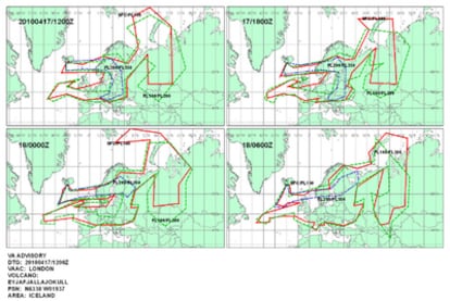 Gráfico del Centro de Aviso de Cenizas Volcánicas de Londres (VAAC, por sus siglas en inglés) sobre la evolución del área afectada por las cenizas volcánicas entre las 12.00 GMT de hoy (dos horas más en la España peninsular) y las 6.00 GMT de mañana. El volcán islandés Eyjafjalla vivó el pasado martes su segunda erupción en un mes.