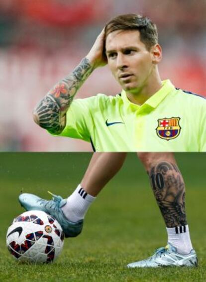 Los tatuajes de Messi en el brazo derecho y en la pierna izquierda.